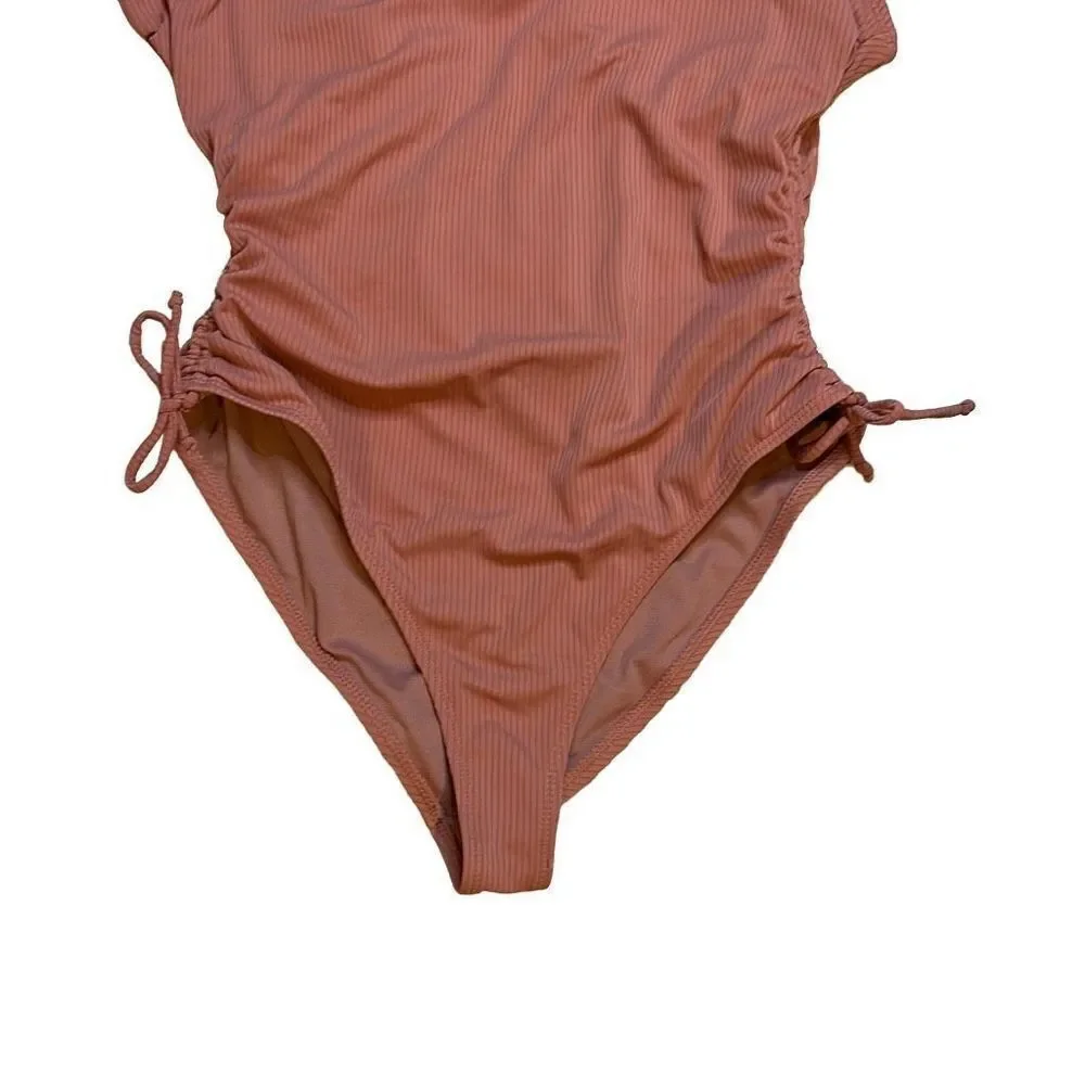 Tahiti Women's Pink Sexy Ruched Draw String One Piece Swimsuit Size Large